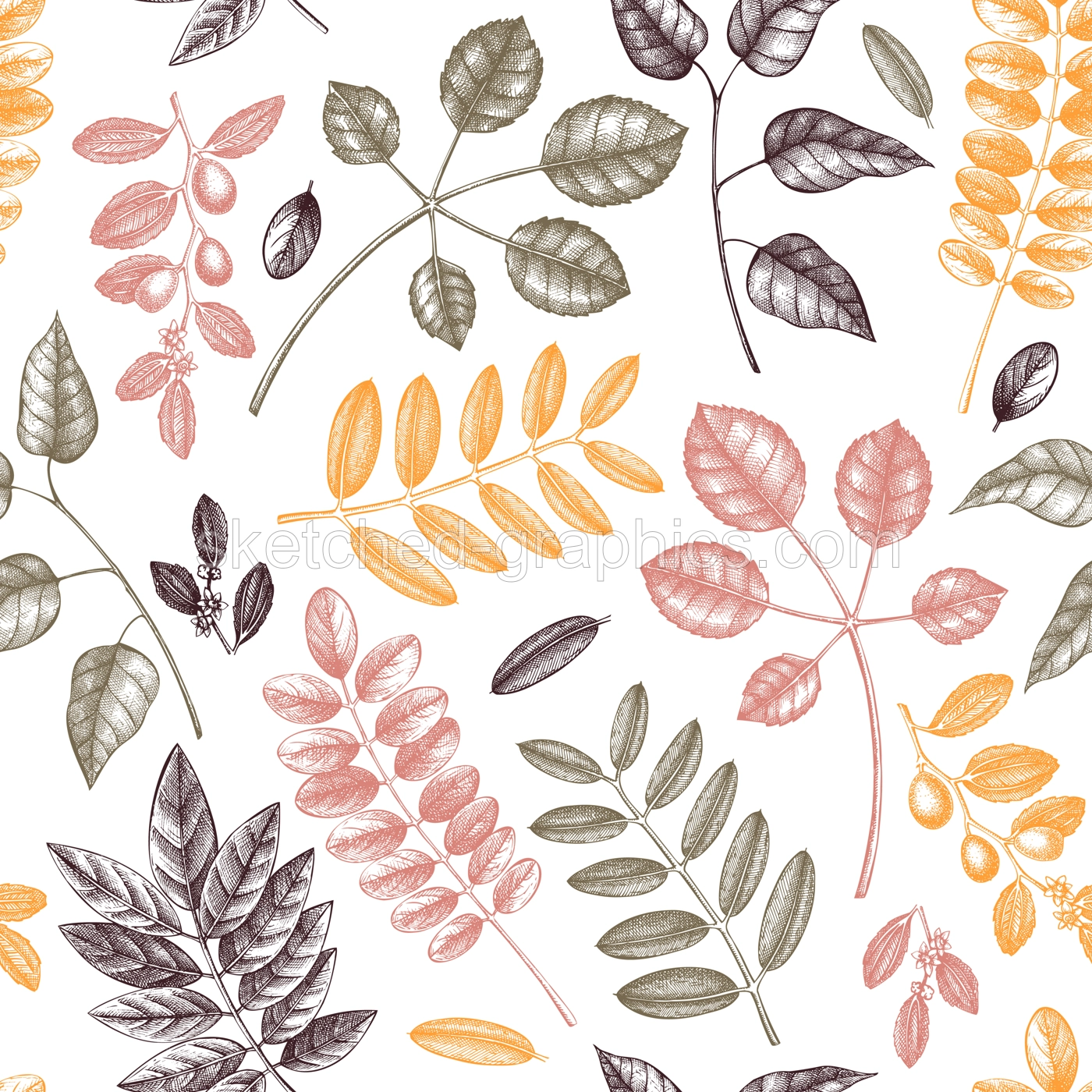 Autumn leaves seamless pattern. With hand sketched forest plants and foliage illustrations. Perfect for invitation, textile, wrapping, packaging. Elegant autumn backdrop Illustration
